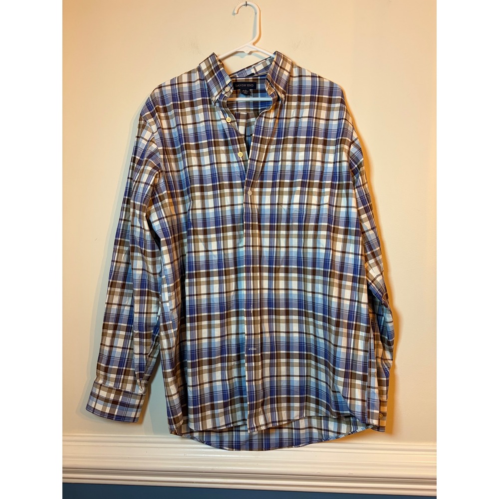 Lands End Button Down Mens L/T Blue Plaid Non-Iron Twill Traditional Fit Shirt